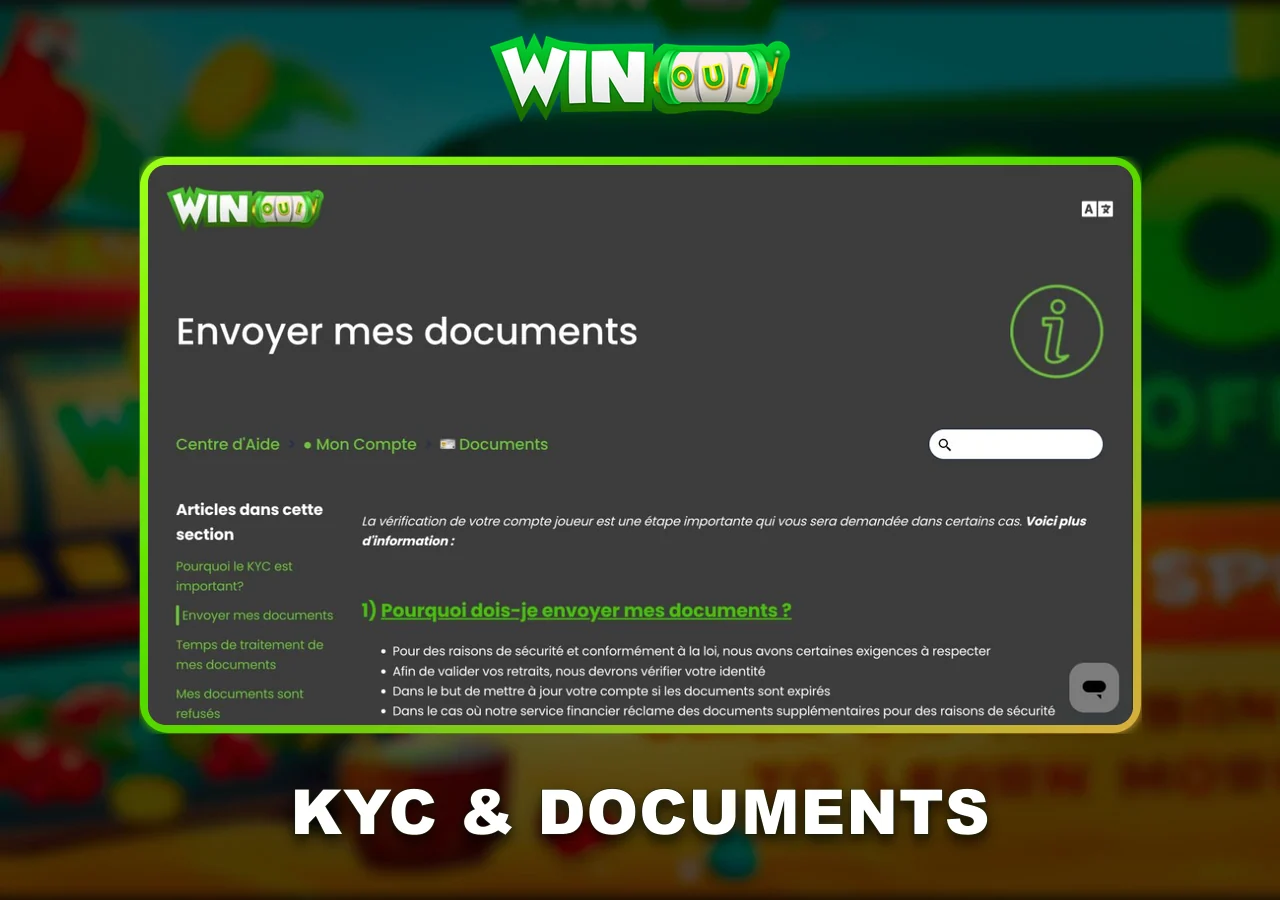 Documents KYC demandés par WinOui Casino